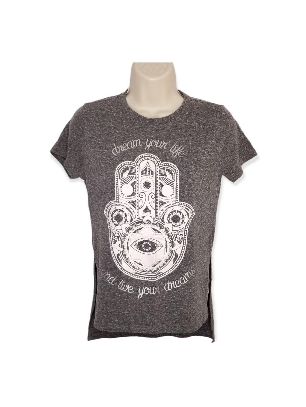 Hamsa Hand Graphic T-Shirt Dream Your Life Gray Womens Top XS
